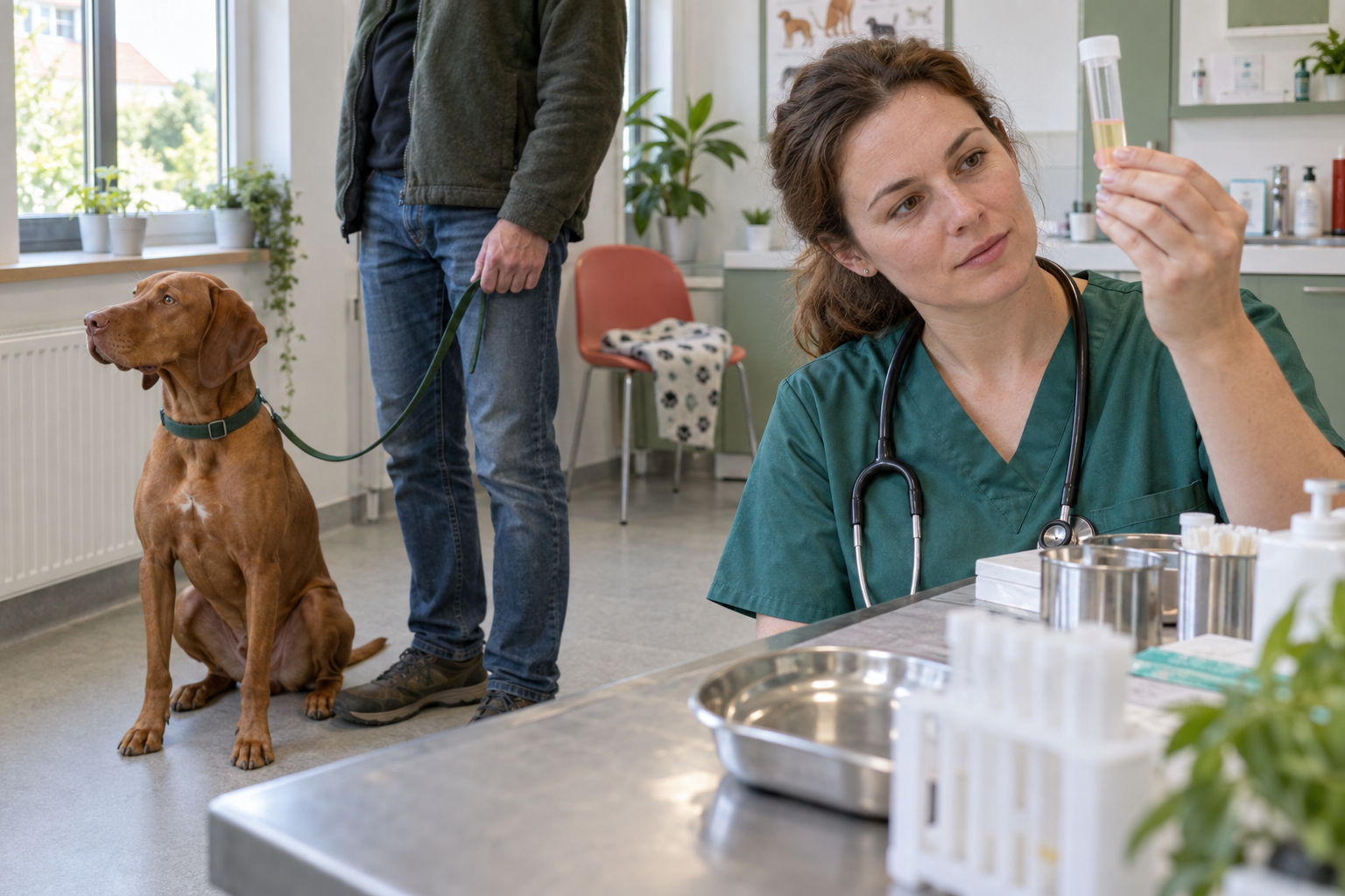 Veterinářka kontroluje vzorek moči psa při laboratorním vyšetření